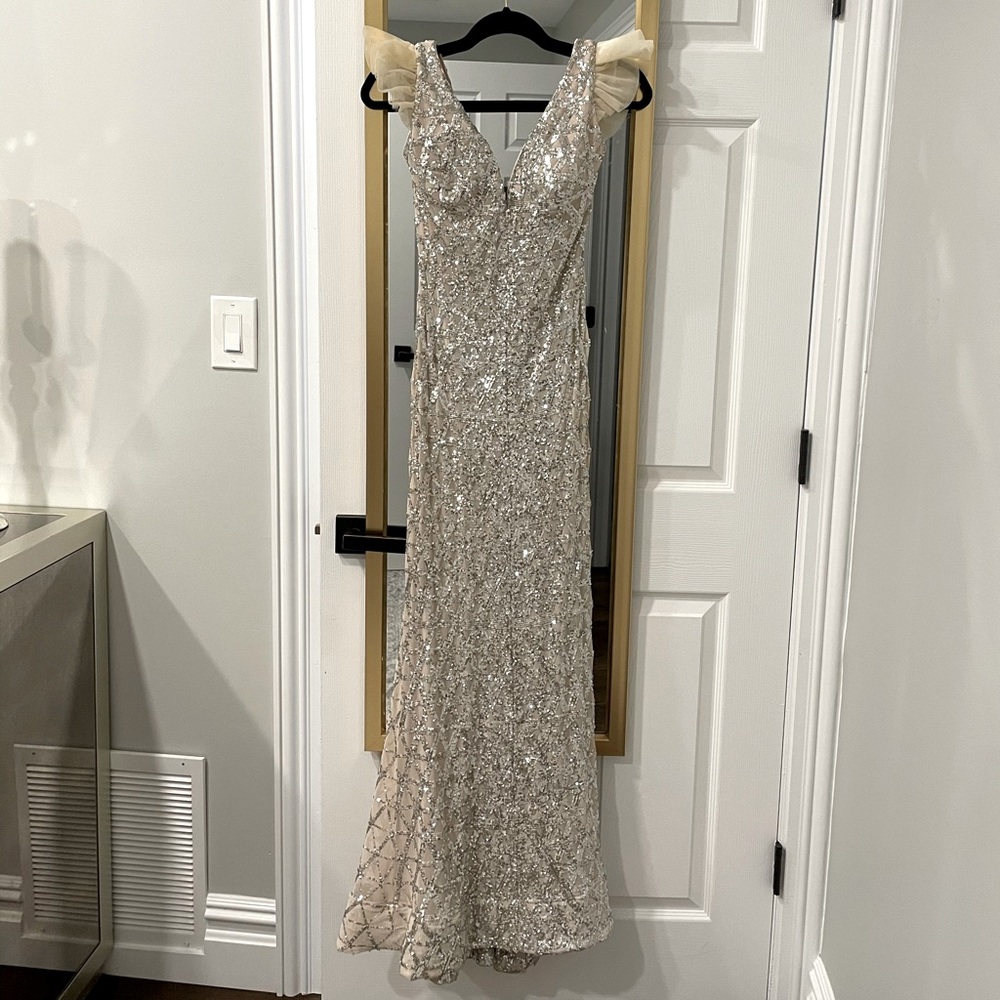 Jovani Silver and nude sequined dress